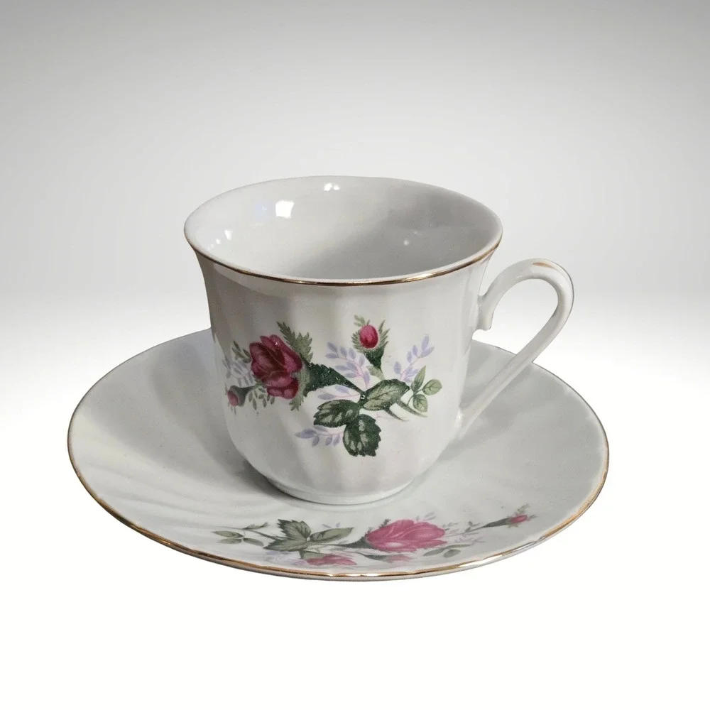 Vintage cottagecore MCM 60s Porcelain Teacup‎ and Saucer Set Pink Rose Gold Rim